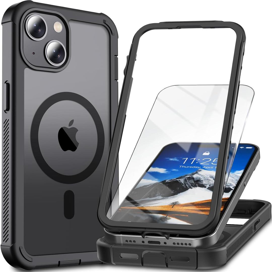 Magnetic for iPhone 15 Case,[Screen Protector] [Compatible with MagSafe][Military Grade Drop Protection][Heavy Duty Protection][Shockproof] 2-Layer Durable Bumper Phone Case 6.1"-Black