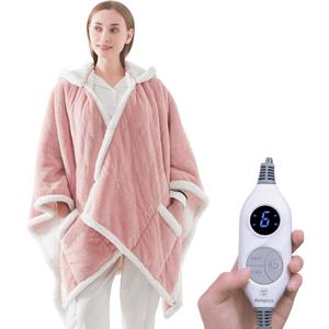 Westinghouse Wearable Heated Throw Blanket, Electric Heated Wrap Poncho Shawl with Pockets, 6 Heating Levels & 2 to 10 Hours Time Settings, 50 x 60 Inch, Pink