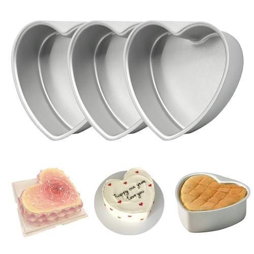 EQUNROY 6 Inch Heart Cake Pan - 3 Pack Aluminum Heart Shaped Baking Pans for Valentine's Day, Wedding, Birthday Party - Nonstick Cake Mold for Oven, DIY Desserts