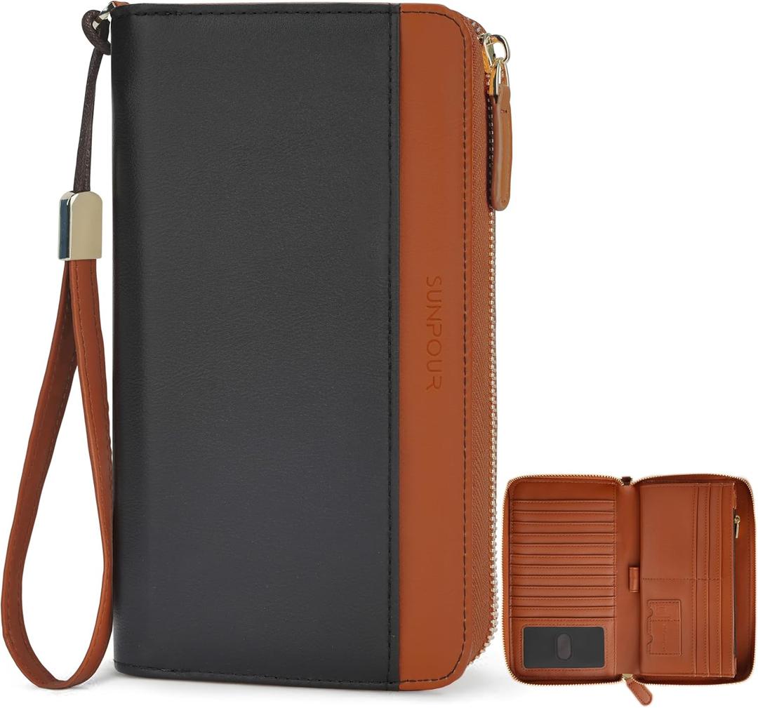 Large Travel Wallet for Women,RFID Zipper Wallet with AirTag Slot,Passport Holder Clutch with Wristlet | AirTag pocket