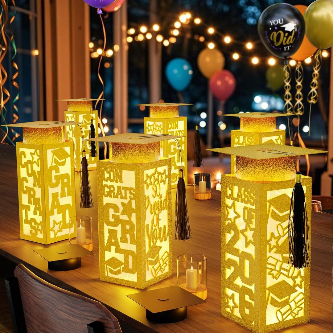 6 Pcs Graduation Table Centerpieces Boxes Class of 2026, Golden Graduation Paper Lanterns Boxes with String Lights Hollow Out for Congrats Grad School College Table Decorations Grad Party Photo Props