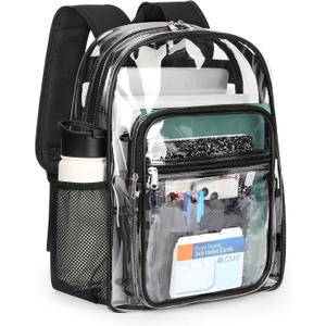 ZORFIN Clear Backpack Heavy Duty for School – 17in Transparent PVC Bag with Large Capacity & Reinforced Straps for Men, Women, Boys & Girls - See Through Bookbag for College Workplace Security, Black