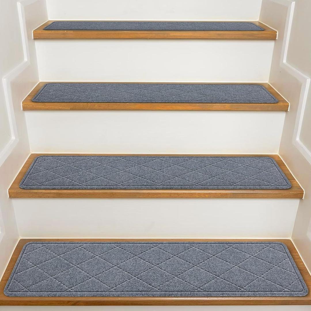 Stair Treads for Wooden Steps Indoor, 8" X 30" Non Slip Carpet Stair Treads with Reusable Adhesive for Kids Elders and Dogs, Surface Polyester TPR Backing Stair Rugs, 4 Pack Stair Rugs Dark Grey