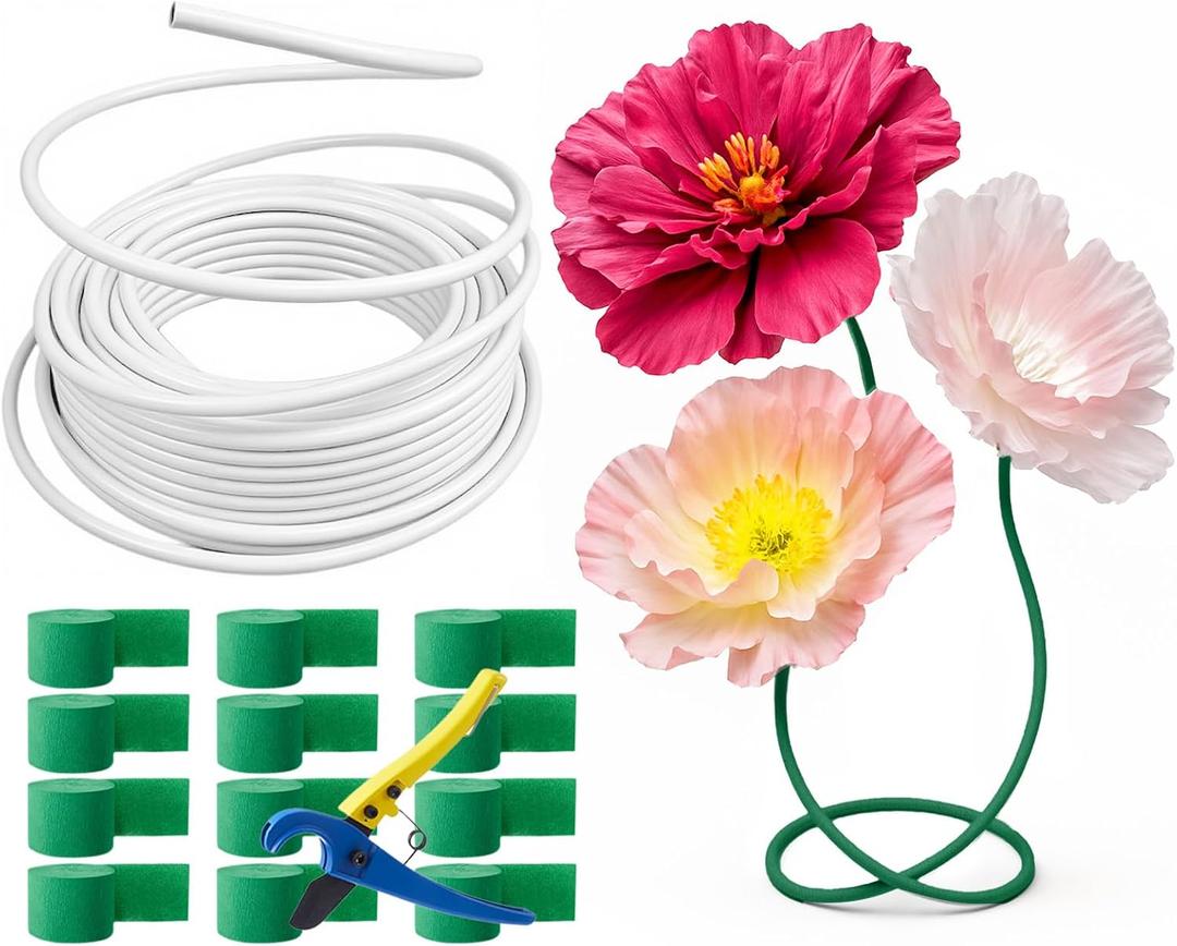 66 ft Flexible Pipe PVC Tubing for Artificial Flowers 16 mm Bendable Pipe Stem for Fake Floral Balloon Arch Wedding Arrangement Prop Decor with Tube Cutter 12 Green Crepe Paper (Not Include Flowers)
