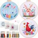 Myfelicity Easter Embroidery Kit for Beginners – 3 Unique Spring Designs (Rabbit, Rooster & Easter Egg), Soft Floss, Hoops & Step-by-Step Guide – Stress Relief Craft Gift for Her, Kids & Craft Lovers