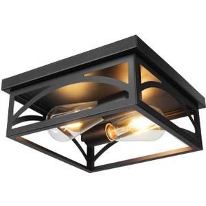 Black Square Flush Mount Ceiling Light, Farmhouse Ceiling Light Fixture for Hallway Porch Kitchen, 2-Light Outdoor Porch Ceiling Light, 1 Pack, 10 Inch, E26 Base(Bulbs Not Included)