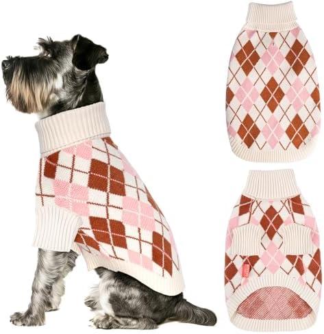 KYEESE Dog Sweater Warm Pet Sweater with Long Sleeve Thick Pet Coats Comfy Dogs Clothes Turtleneck Diamond Plaid Dog Sweater for Small Dogs, Beige, Small
