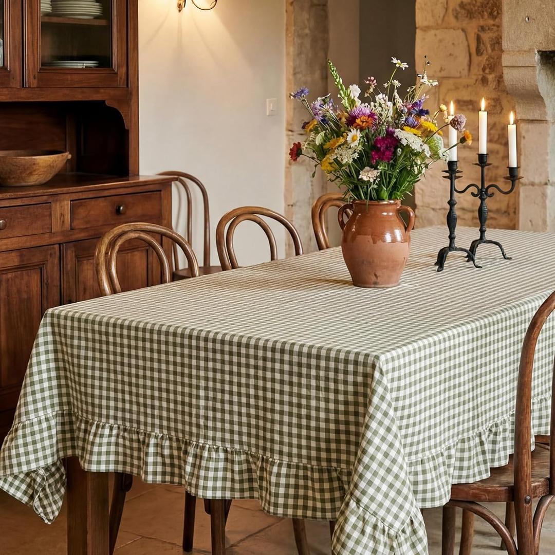 Mindsoft Sage Green Gingham Ruffled Tablecloth 84 x 60 Inches Rectangle Cotton Linen Checkered Table Cloth Buffalo Plaid Farmhouse Vintage Decorative Tablecover for Picnic Kitchen Dining Home Party