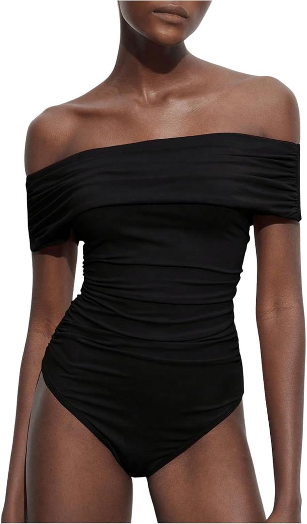 MakeMeChic Women's Off The Shoulder Bodysuit Ruched Going Out Body Suit Tops Skinny Sexy Leotard Top, Small