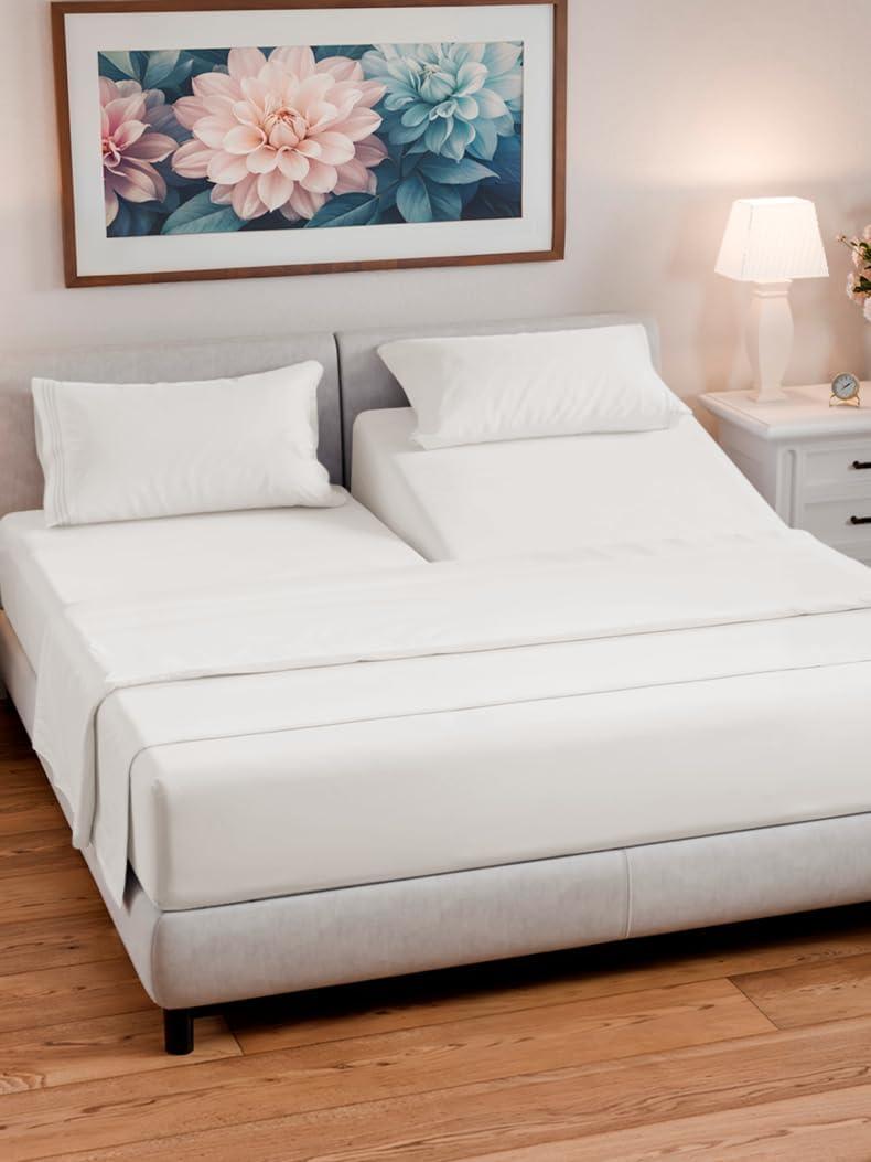Split Head King Sheet Set  4 Piece Flex Split Top King Sheets for Adjustable Beds - Fits 14 to 16" Mattress w/ Deep Pockets - Breathable & Cooling - Luxury Bedding and Wrinkle Free - Antique White