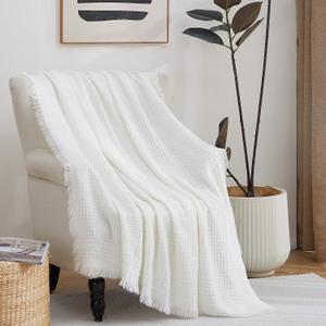 100% Acrylic Decorative Knitted Throw Blanket with Fringes for Bed, Couch, Chairs, Small, Lightweight, Soft, Cozy, Waffle Textured Blanket, Suitable for Spring, Summer, Ivory, 50"x60"