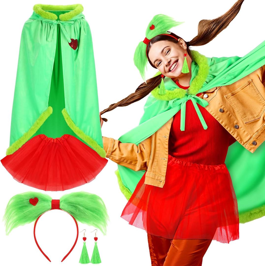 Jecery 4 Pcs Christmas Green Furry Costume Outfits for Women Lime Cloak Cape with Red Tutu Skirt Green Heart Dangle Earrings Furry Hair Bow Headband for Xmas Holiday Halloween Party