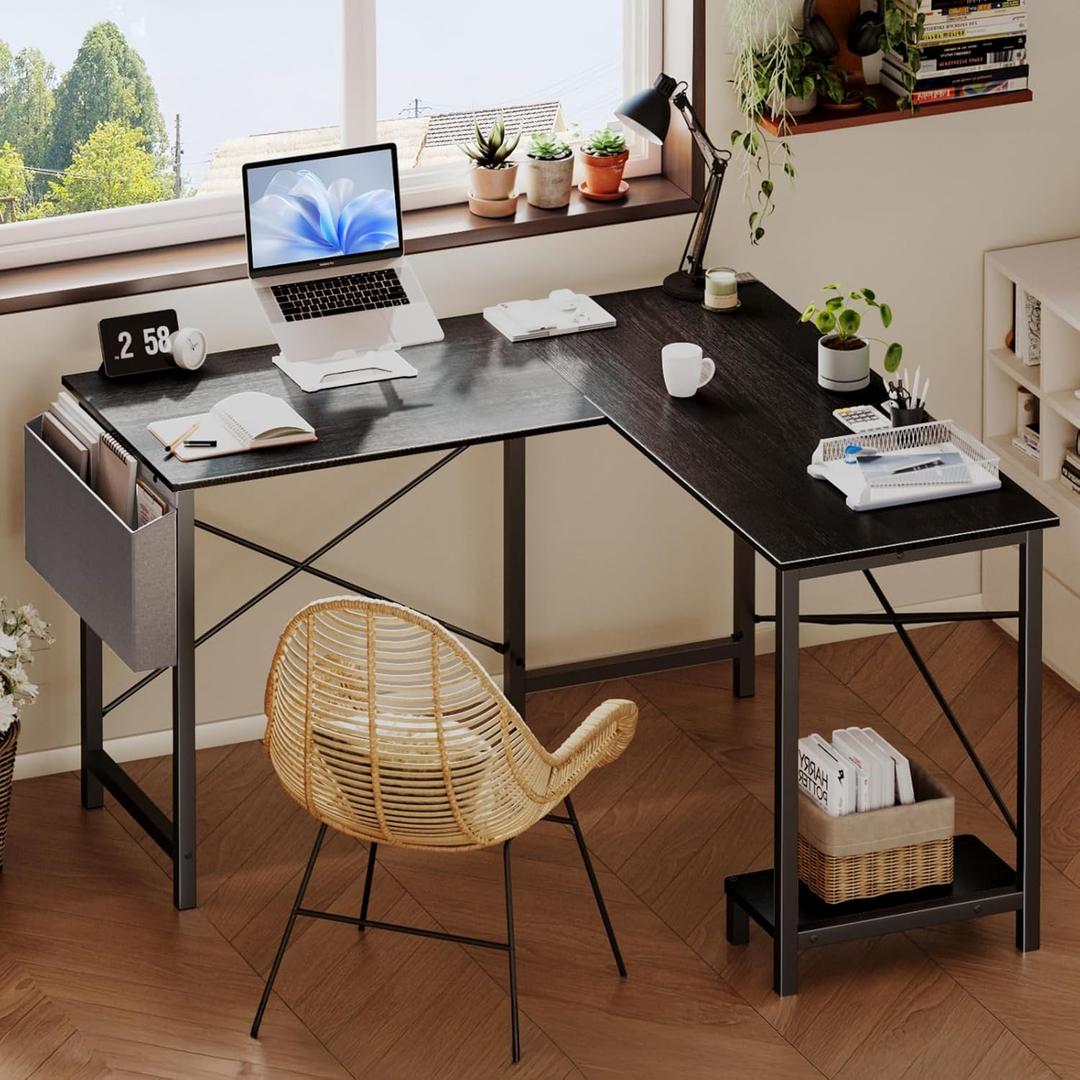 DUMOS L Shaped Desk Computer Gaming Corner Table 50 Inch Home Office Writing Student Work PC Workstation with Side Storage Bag CPU Stand for Bedroom Small Spaces