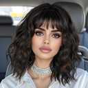 Wigs Human Hair with Bangs Short Wavy Bob for Women Black Mixed Brown Highlights Lightweight Breathable Glueless for Daily Party Cosplay (Black Mixed Brown,14 Inch)