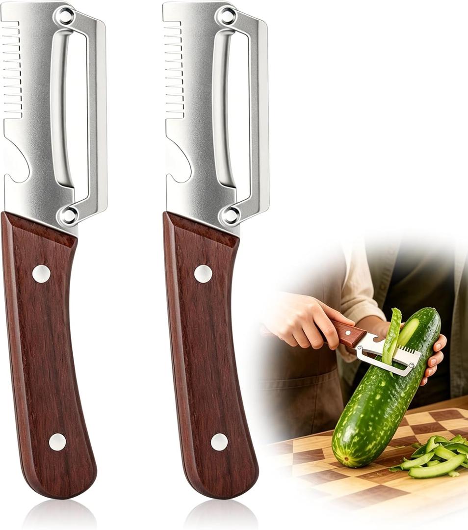 2 x Multifunctional Vegetable Peeler, 2PCS Premium Vegetable Peeler with Wooden Handle and Bottle Opener, 3-In-1 Stainless Steel Kitchen Tool, for Fruit Veggie Peeling and Shredding Scallions (0A)