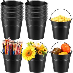 Rtteri 24 Pcs Metal Bucket 5 x 3.5 x 4.7 Inch Mini Party Buckets for Flower Pot Plant Basket Iron Small Metallic Pails with Handle for Container Candy Snack Crafts Vase Party Favors(Black)