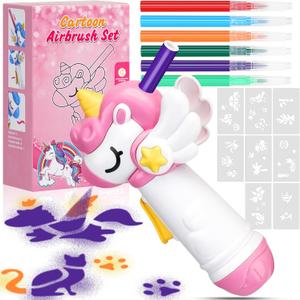 Unicorn Marker Airbrush Spray Art Kit, Art Supplies for Kids Ages 8-12, Unicorn Toys for Girls Age 4-6, Craft Kits Paint with 5 Washable Markers&8 Stencils, Birthday Holiday Easter for Kids, Girls (Pink)