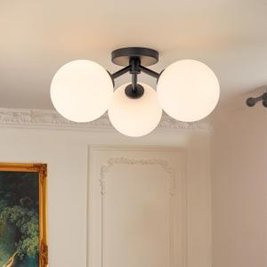 Mid Century Modern Black Semi Flush Mount Ceiling Light Fixture 3 Light 18 inch, Globe Light Fixtures for Bedroom,Entryway,Hallway,Living Room,Kitchen,Dining Room