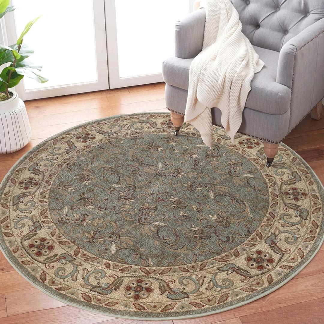 Superior Indoor Area Rug, Jute Backed Rugs for Bedroom, Living/Dining Room, Office, Entryway, Hallway, Kitchen, Traditional Floral Scroll Floor Decor, Heritage Collection, Green, 5' Round