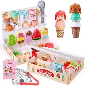 Ehome 2-in-1 Foldable Ice Cream Toy for Kids Pretend Play Food Set with Storage Display, Ice Cream Play Set for Toddlers, Birthday Gifts for Girls Boys Ages 3 4 5 6