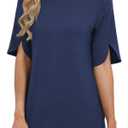 2 x JomeDesign Boho Tops for Women Dressy Casual Short Sleeve Tunic Shirts Round Neck Summer Vacation Blouses Navy Blue S (Blue, S)