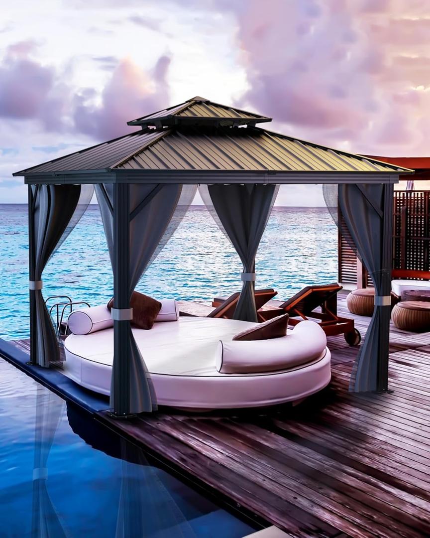 10x10 Ft Hardtop Gazebos with Heavy Duty Double Roof, Nettings and Curtains Galvanized Steel Outdoor Gazebos for Patio, Backyard, Deck, Lawn