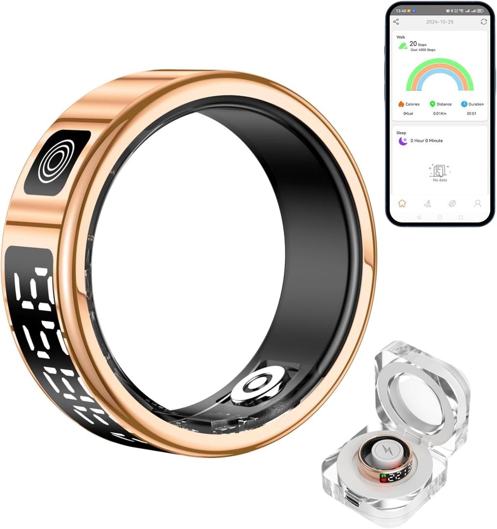 Sqrutri Smart Ring with LED Display for Women, IP68 Waterproof Smart Rings for Men, Sleep, Blood Oxygen, Heart Rate, Steps Smart Ring Health Trackers (Gold, 10)