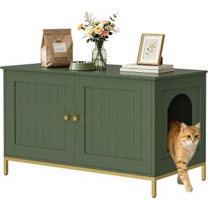 Homhedy 35.4" L Cat Litter Box Enclosure with Metal Frame, Green and Gold