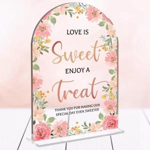 2 x Wedding Signs Decor, Love is Sweet Sign for Dessert Table, Wedding Supplies 5x7 Inch, Wedding Signs for Ceremony And Reception, Arch Acrylic Table Sign for Anniversary, Bridal Shower DecorPink