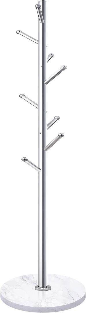 Homde Metal Coat Rack Stand with Natural Marble Base, Stainless Steel Freestanding Clothes Tree Hanger with 8 Hooks, Hall Hanger for Coat Jackets Hat Scarves Handbags Entryway Bedroom (Silver)