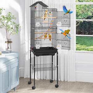 YITAHOME 62 inch Metal Bird Cage, Large Parakeet Cages for Parrot, Cockatiel, Lovebird, Pigeon with Roof Top, Rolling Stand and Hanging Accessories (Black)