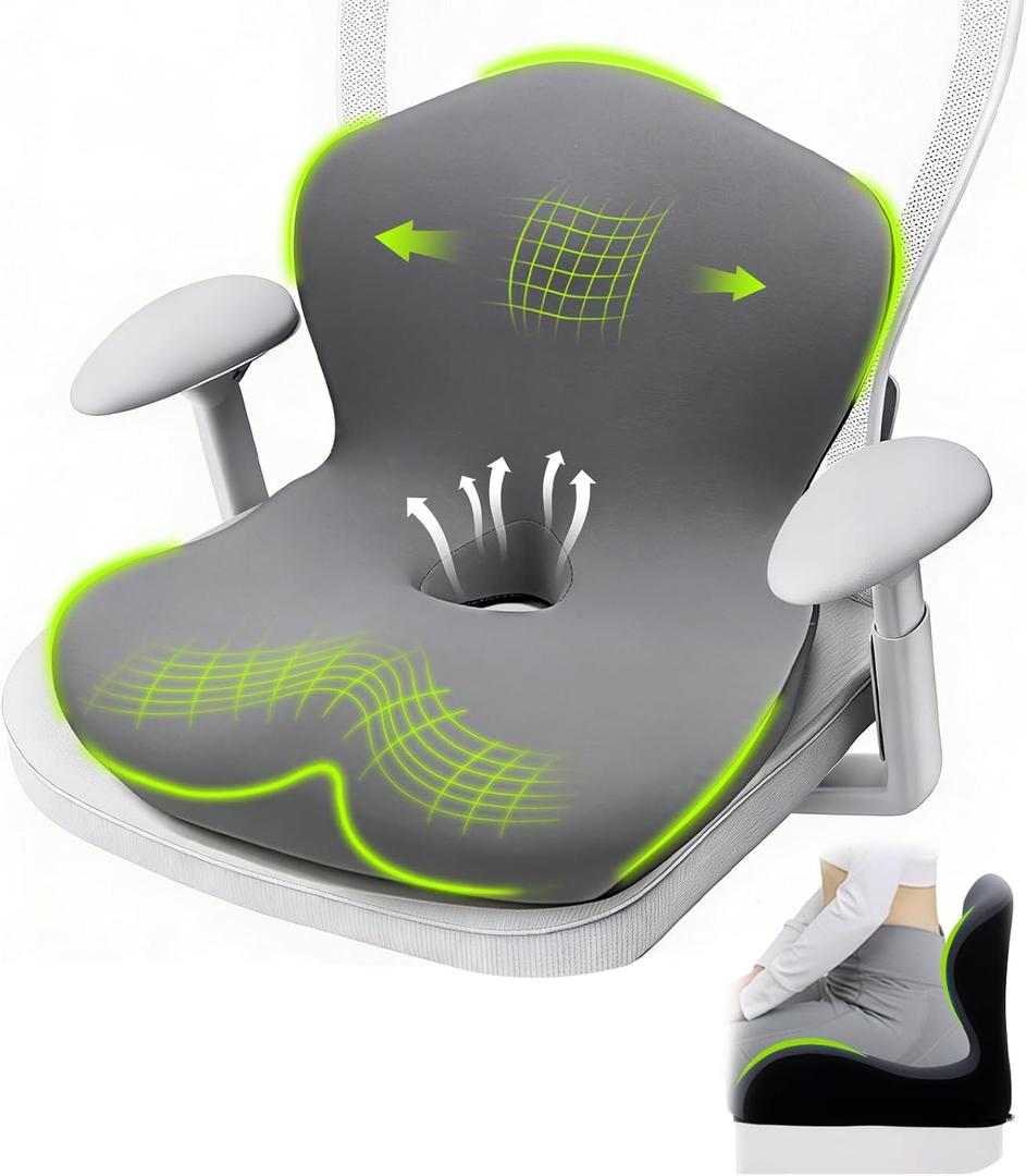 Seat Cushion, Office Chair Cushion, L-Shaped Ergonomic Car Seat Cushions, Memory Foam Chair Cushion, Lumbar Support Pillow for Wheelchair, Car, Home, Office, Desk, Gray (Dark Grey)