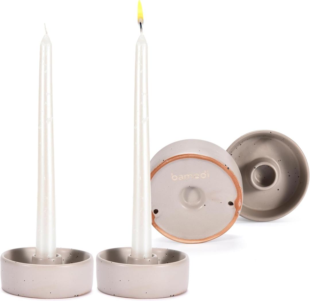 Libken Ceramic Candle Stick Holder - Set of 2 Round Tanned Candlesticks Holder - Smooth Surface Taper Candle Holders for Wedding, Living Room, Dining Room Decor