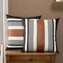 Set of 2 Striped Boho Throw Pillow Covers 16x16 inch, Modern Leather Pillow Cover for Couch Sofa Bed, Farmhouse Decor Patchwork Accent Pillowcase, Black