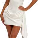 Women Satin Corset Prom Homecoming Dresses Strapless Ruched Formal Wedding Party Gown Dress with Scarf (White, S)