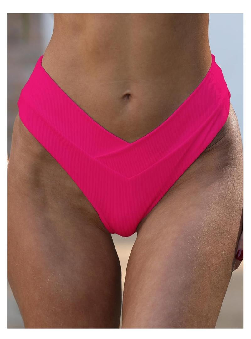 Women's V Cut High Waisted Bikini Bottom Multicolour Ribbed Cheeky Swimsuit Bathing Suit Bottoms L