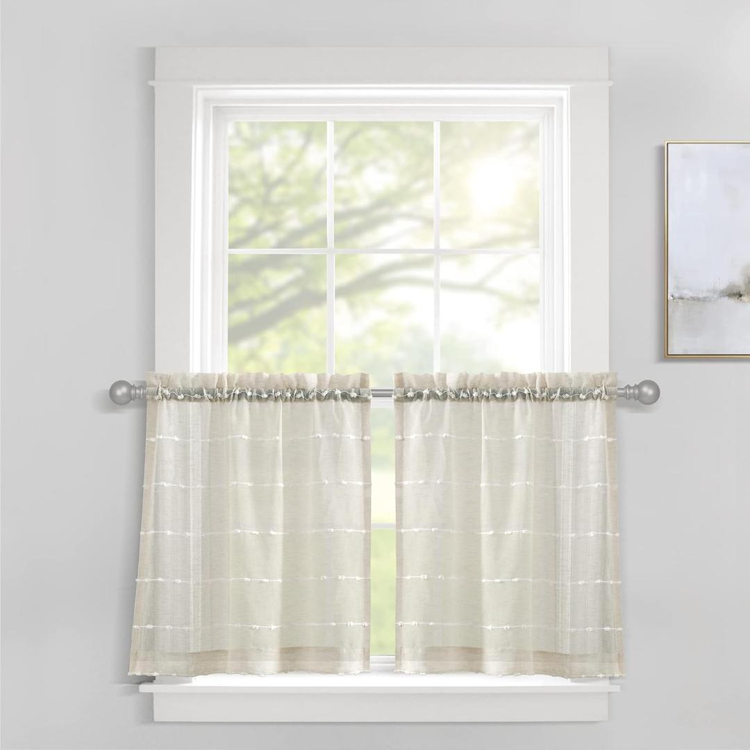Lush Decor Farmhouse Textured Sheer Kitchen Window Curtain Tiers Set, 29"W x 24"L, Beige