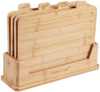 Fiery Chef 12.6"L x 9"W Bamboo Cutting Board Set of 4 - Wood Cutting Board Set with Holder, Chopping Boards Set with Food Icons, Juice Groove - Ideal for Meat, Fish, Bread, Vegetable, Fruit Chopping