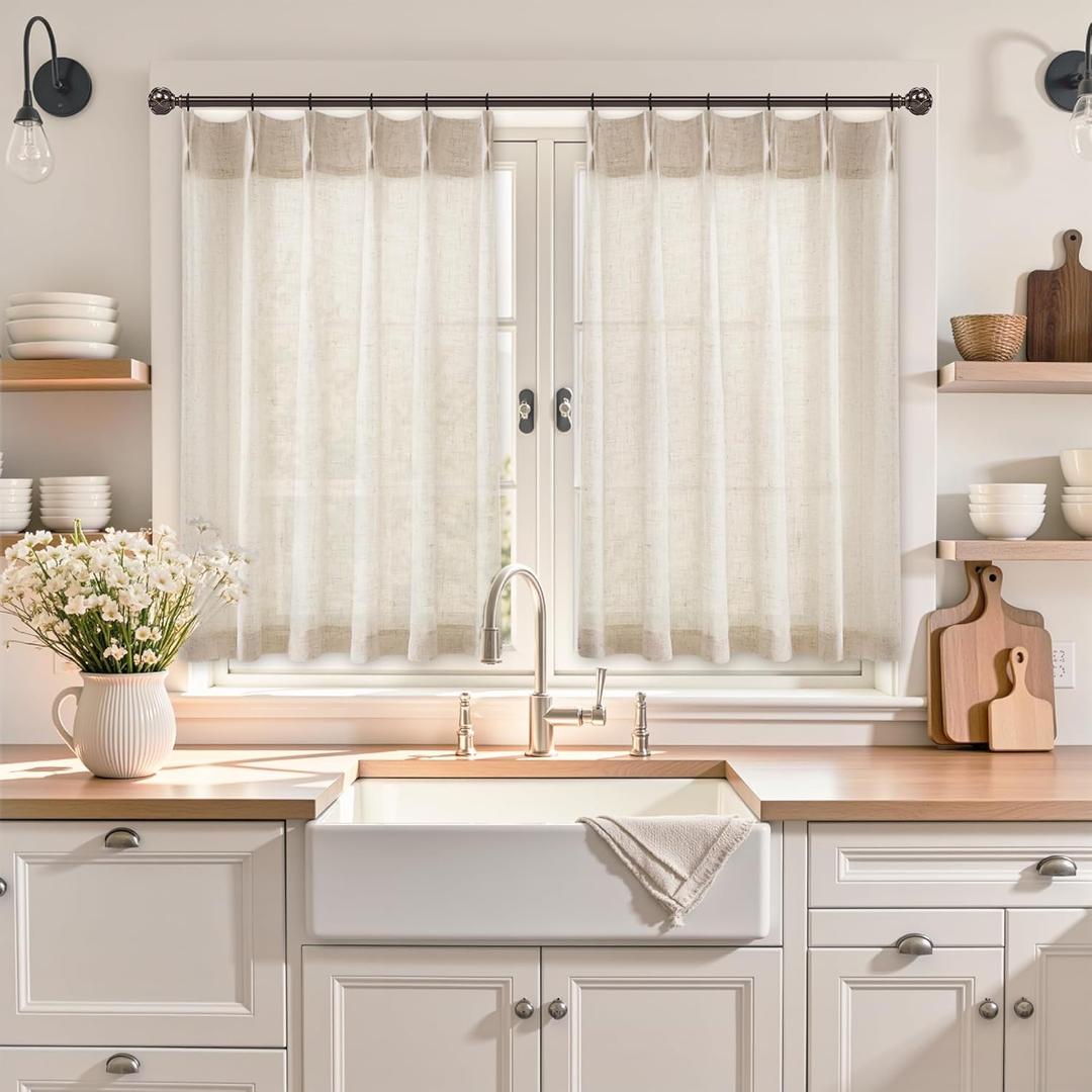 Linen Kitchen Curtains,20 Inch Length Light Filtering Sheer Short Cafe Window Curtains Tier, Pinch Pleated Small Kitchen Drapes for Windows,2 Panels,(24" W x 20" L Natural)