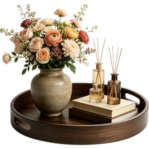 Round Wood Tray with Handles, 15.7 in Decorative Wooden Serving Tray with Walnut Wood Grain, Vintage Coffee Table Platter Plate for Kitchen Counter, Living Room