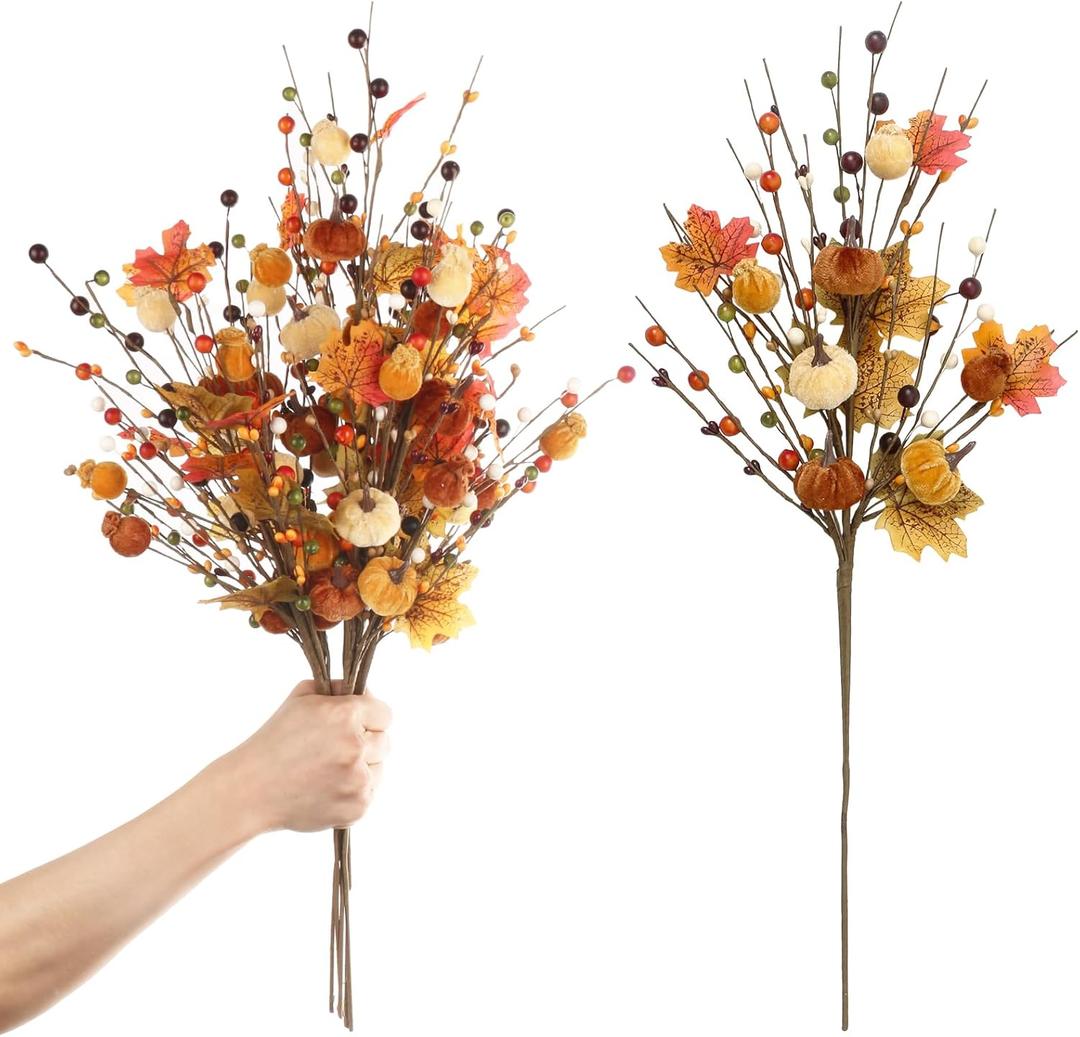 RoseCraft 4PCS Fall Decor, 19.5Inch Artificial Red Berry/Maple Leaf/Pumpkin Floral Stems Fall Branches Decorations, for Autumn Harvest Weeding Birthday Holiday Home Vase Arrangement Indoor Decor.