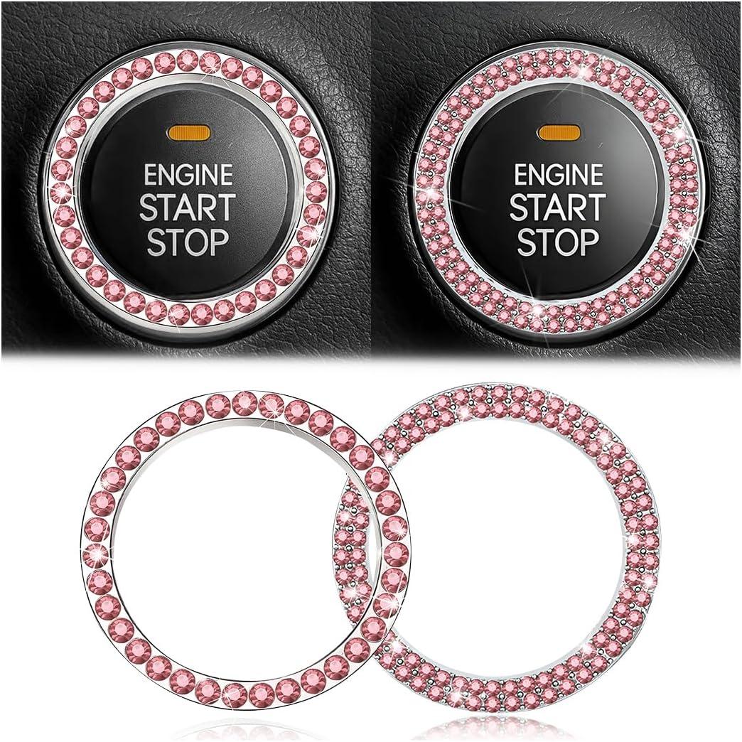 Car Bling Crystal Rhinestone Engine Start Ring Stickers, 1 Single Drainage Drill and 1 Double Drainage Drill Car Start Button Cover, Key Ignition Knob Bling Ring Decals, Car Accessories(Set Pink)
