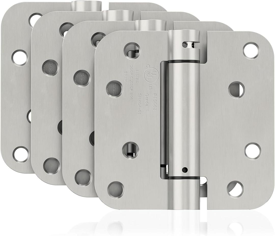 4 Pack Self Closing Door Hinges, 4 Inch Spring Loaded Door Hinges for Garage, Front, Back Door, Left/Right Hand, Adjustable Tension, 5/8'' Radius Corners, UL Listed, Brushed Nickel