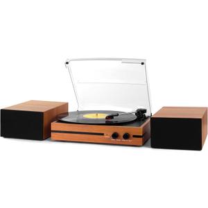 Vinyl Record Player With Dual Bookshelf Speakers Vintage Belt Drive Bluetooth Turntable