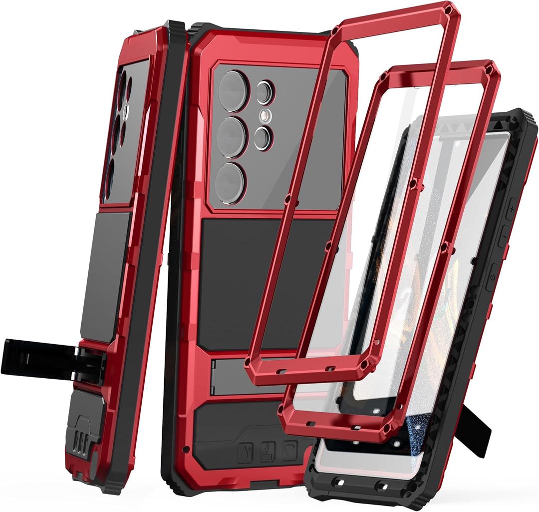 for Samsung Galaxy S25 Ultra Metal Armor Case with 2 Front Frames, Shockproof Dustproof Military-Grade Rugged Heavy Duty Protective Cover with Built-in Screen Protector (Red)