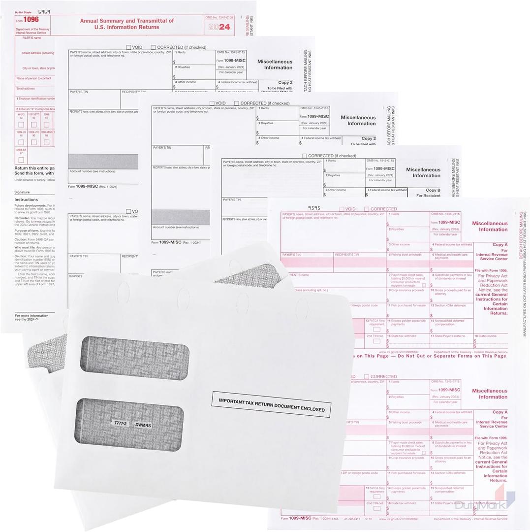 1099 Misc Forms 2024, 4 Part Laser Tax Forms Kit for 25 Vendor with 25 Self-Seal Envelopes, Designed for QuickBooks and Accounting Software