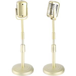 Vintage Microphone Prop Model, Microphone Table Decor with Stand, Retro Style Mic Prop Set for Photography (Golden)