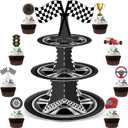 3 Tier Race Car Cupcake Stand with 24 Cake Toppers Birthday Party Decorations Hot Car Theme Dessert Cardboard Stand Tower Two Fast Racing Truck Party Cupcake Holder Tower for Boys Baby Shower Supplies