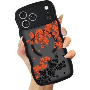 Magnetic Case for iPhone 17 Pro Max [Compatible with Magsafe], Translucent Cute Floral Curly Wave Edge Full Camera Protection Shockproof Cover for Women Girls,Orange/Floral