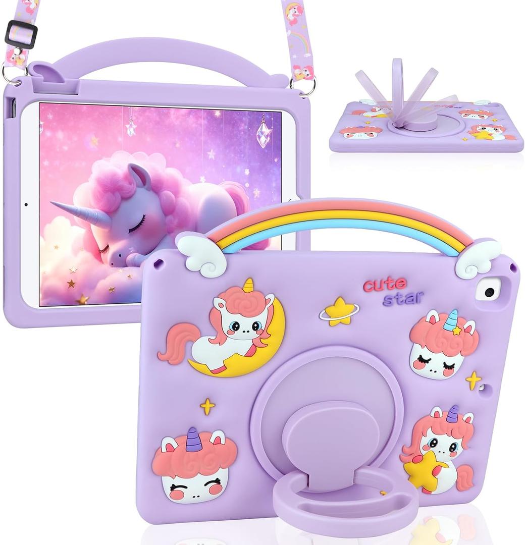 HianDier for iPad 9th 8th 7th Generation Case Kids Girls Cute Unicorn with Rainbow Handle Detachable Lanyard Rotatable Kickstand Shockproof Protective Cover for iPad 10.2 Case 2021 2020 2019-Purple
